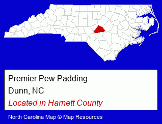 North Carolina counties map, showing the general location of Premier Pew Padding