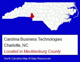 North Carolina counties map, showing the general location of Carolina Business Technologies