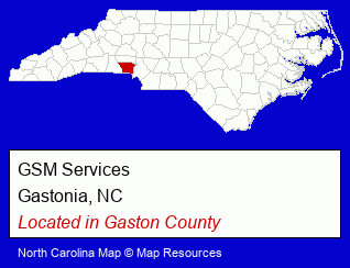 North Carolina counties map, showing the general location of GSM Services