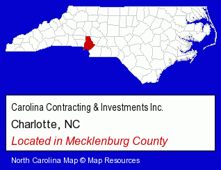 North Carolina counties map, showing the general location of Carolina Contracting & Investments Inc.