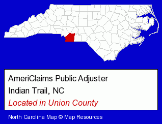 North Carolina counties map, showing the general location of AmeriClaims Public Adjuster