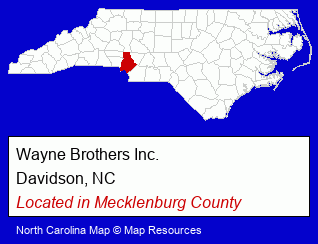 North Carolina counties map, showing the general location of Wayne Brothers Inc.