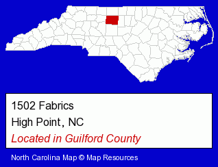 North Carolina counties map, showing the general location of 1502 Fabrics