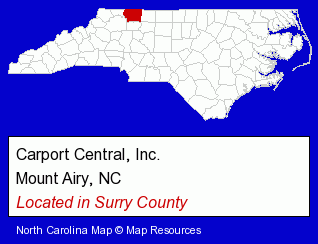 North Carolina counties map, showing the general location of Carport Central, Inc.