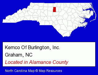 North Carolina counties map, showing the general location of Kemco Of Burlington, Inc.