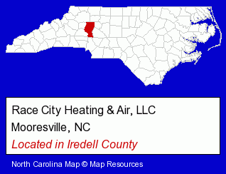 North Carolina counties map, showing the general location of Race City Heating & Air, LLC