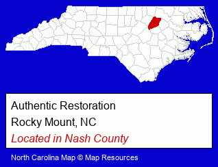 North Carolina counties map, showing the general location of Authentic Restoration
