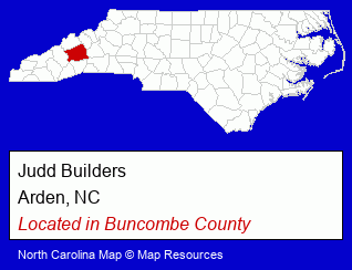 North Carolina counties map, showing the general location of Judd Builders