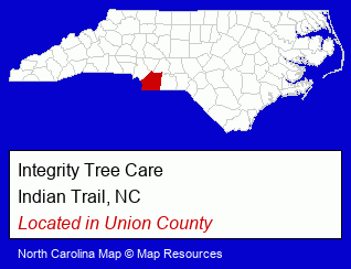 North Carolina counties map, showing the general location of Integrity Tree Care