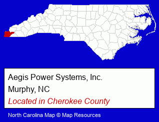 North Carolina counties map, showing the general location of Aegis Power Systems, Inc.