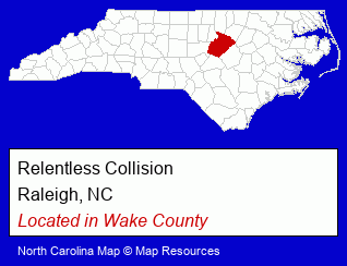 North Carolina counties map, showing the general location of Relentless Collision