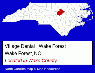 North Carolina counties map, showing the general location of Village Dental - Wake Forest