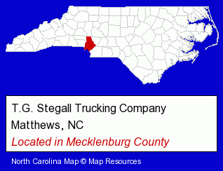 North Carolina counties map, showing the general location of T.G. Stegall Trucking Company