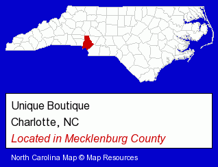 North Carolina counties map, showing the general location of Unique Boutique
