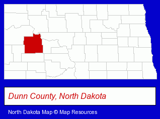 North Dakota map, showing the general location of Dunn County Jobs Development