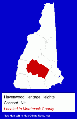 New Hampshire counties map, showing the general location of Havenwood Heritage Heights