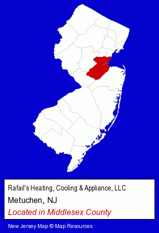 New Jersey counties map, showing the general location of Rafail's Heating, Cooling & Appliance, LLC