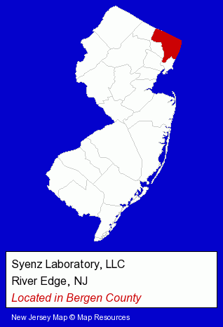 New Jersey counties map, showing the general location of Syenz Laboratory, LLC