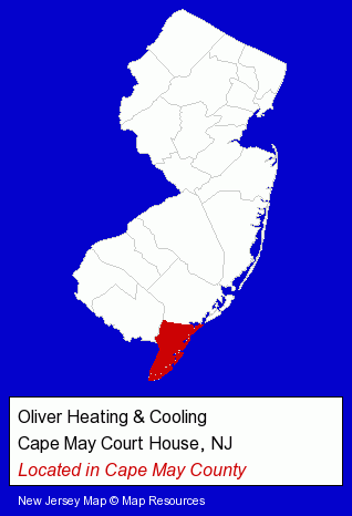 New Jersey counties map, showing the general location of Oliver Heating & Cooling