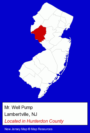 New Jersey counties map, showing the general location of Mr. Well Pump