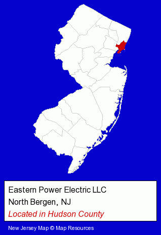 New Jersey counties map, showing the general location of Eastern Power Electric LLC