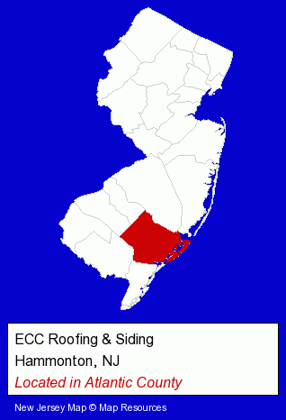 New Jersey counties map, showing the general location of ECC Roofing & Siding