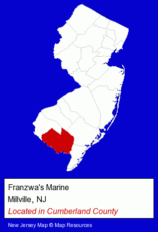 New Jersey counties map, showing the general location of Franzwa's Marine