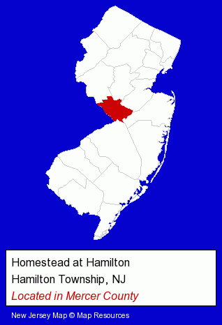 New Jersey counties map, showing the general location of Homestead at Hamilton
