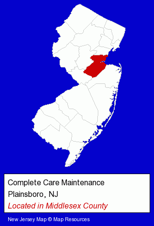 New Jersey counties map, showing the general location of Complete Care Maintenance