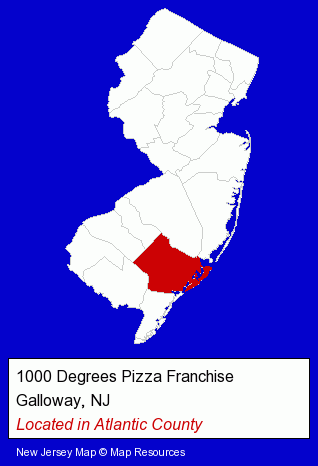 New Jersey counties map, showing the general location of 1000 Degrees Pizza Franchise