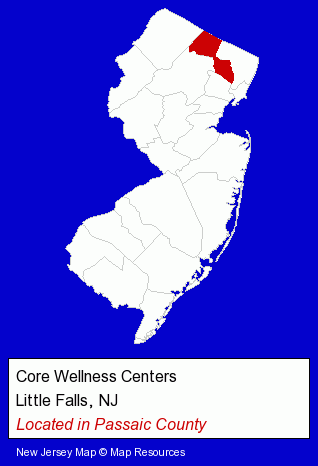 New Jersey counties map, showing the general location of Core Wellness Centers