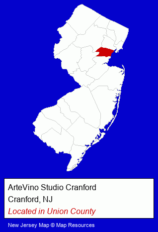 New Jersey counties map, showing the general location of ArteVino Studio Cranford