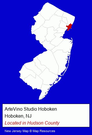 New Jersey counties map, showing the general location of ArteVino Studio Hoboken