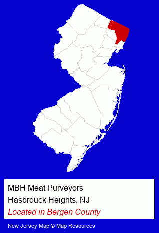 New Jersey counties map, showing the general location of MBH Meat Purveyors