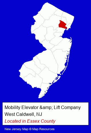 New Jersey counties map, showing the general location of Mobility Elevator & Lift Company
