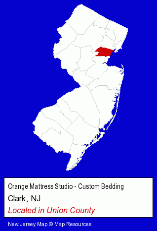 New Jersey counties map, showing the general location of Orange Mattress Studio - Custom Bedding