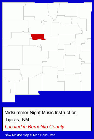 New Mexico counties map, showing the general location of Midsummer Night Music Instruction