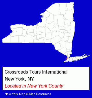 New York counties map, showing the general location of Crossroads Tours International