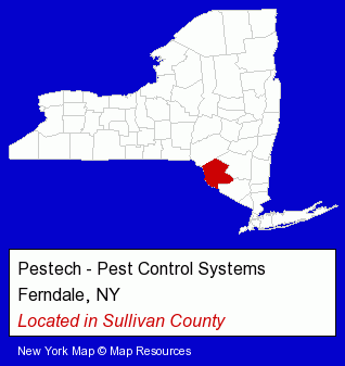 New York counties map, showing the general location of Pestech - Pest Control Systems
