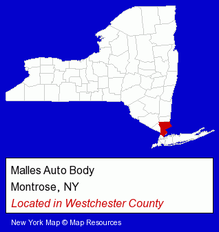 New York counties map, showing the general location of Malles Auto Body