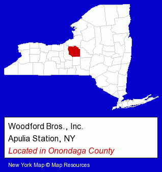 New York counties map, showing the general location of Woodford Bros., Inc.