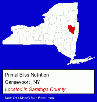 New York counties map, showing the general location of Primal Bliss Nutrition