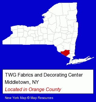 New York counties map, showing the general location of TWG Fabrics and Decorating Center