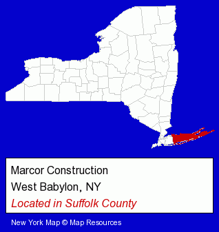 New York counties map, showing the general location of Marcor Construction