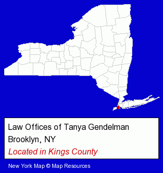New York counties map, showing the general location of Law Offices of Tanya Gendelman