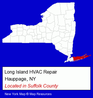 New York counties map, showing the general location of Long Island HVAC Repair