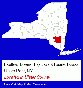 New York counties map, showing the general location of Headless Horseman Hayrides and Haunted Houses