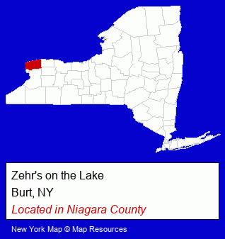 New York counties map, showing the general location of Zehr's on the Lake