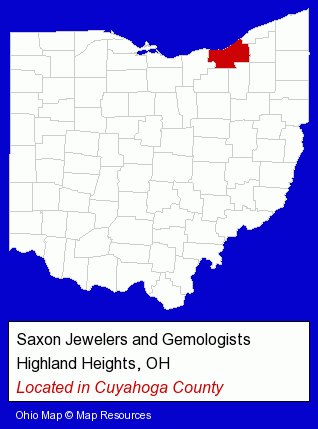Ohio counties map, showing the general location of Saxon Jewelers and Gemologists