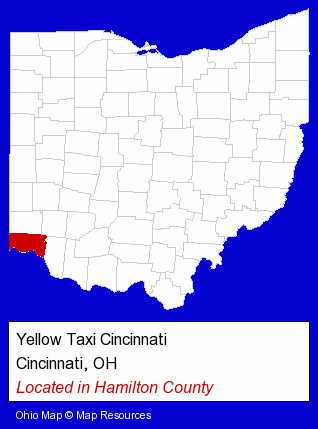 Ohio counties map, showing the general location of Yellow Taxi Cincinnati
